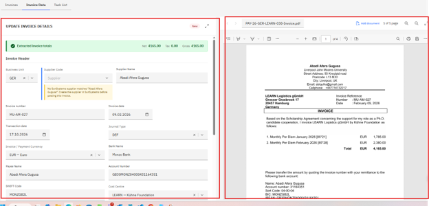 Invoice data beside the original document