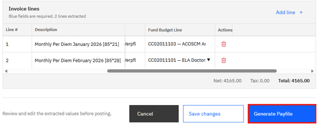 Generate Payfile button in Invoice Data