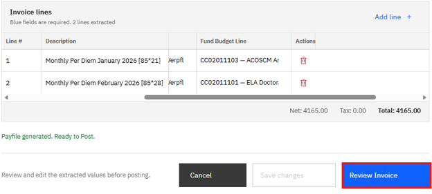 Review Invoice button after payfile generation