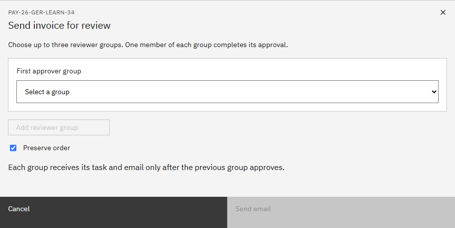 Send invoice for review window showing the approver group selector and Preserve order option