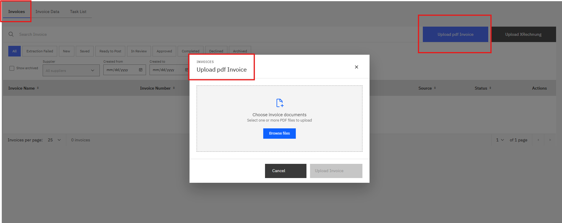 Upload pdf Invoice dialog