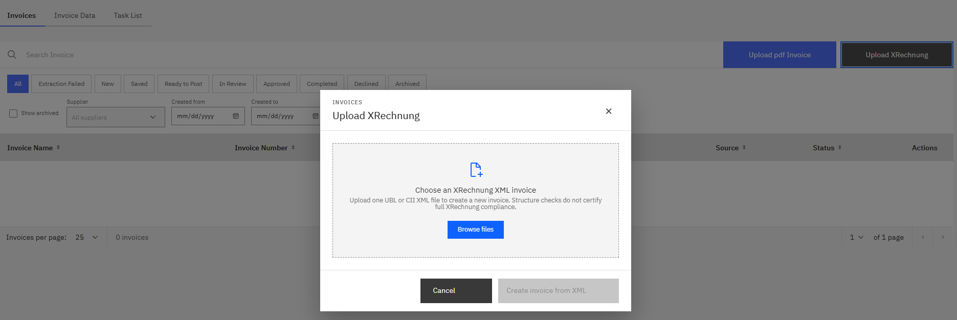 Upload XRechnung dialog