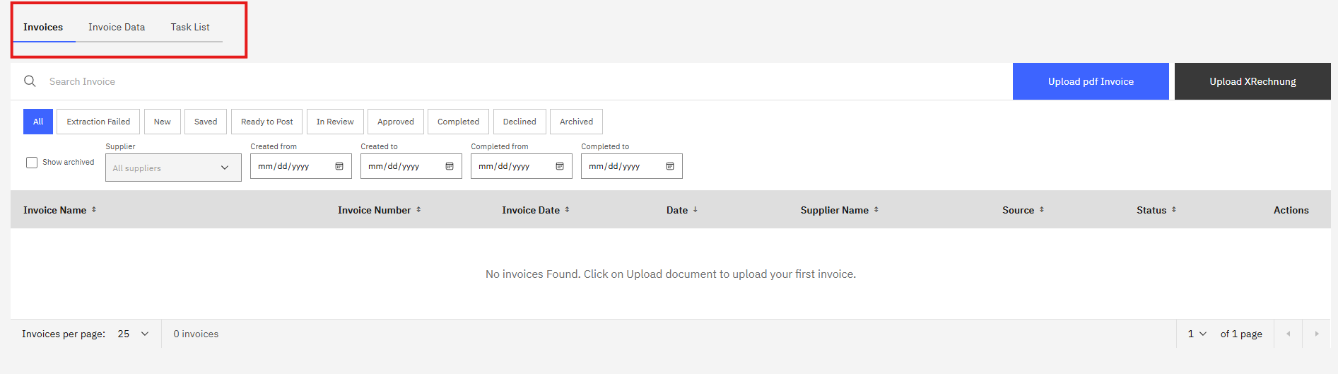 Invoices, Invoice Data, and Task List tabs